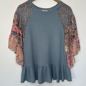 Umgee Waffle Knit Top with Floral Accent Sleeves
